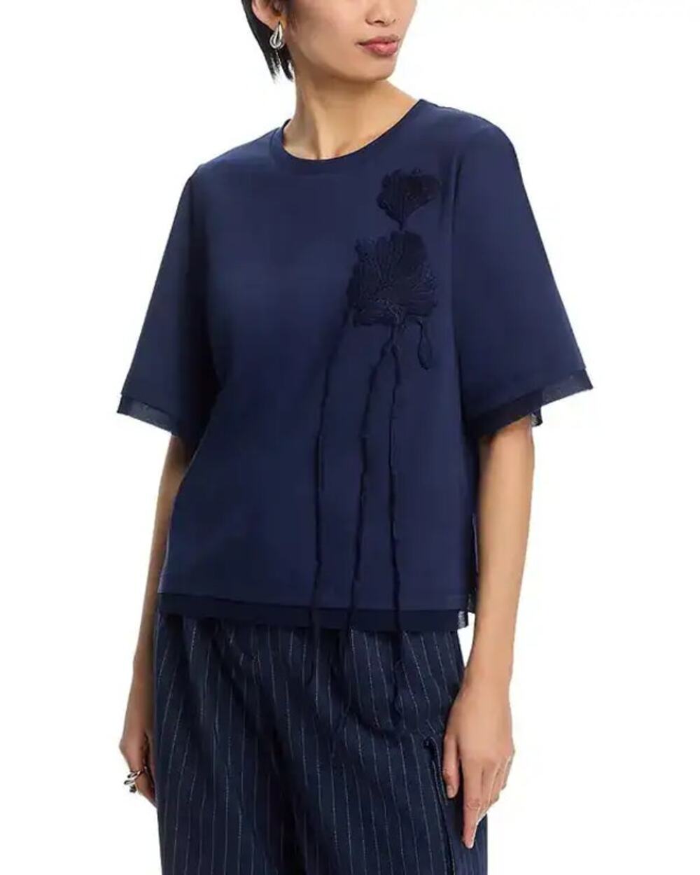 Kobi Halperin Women Midnight Blue Cotton Embroidered Lana Relaxed Top Size XL